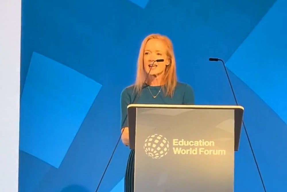 Dr. Shannon May delivering the Ministerial Intelligence keynote at the Education World Forum, London